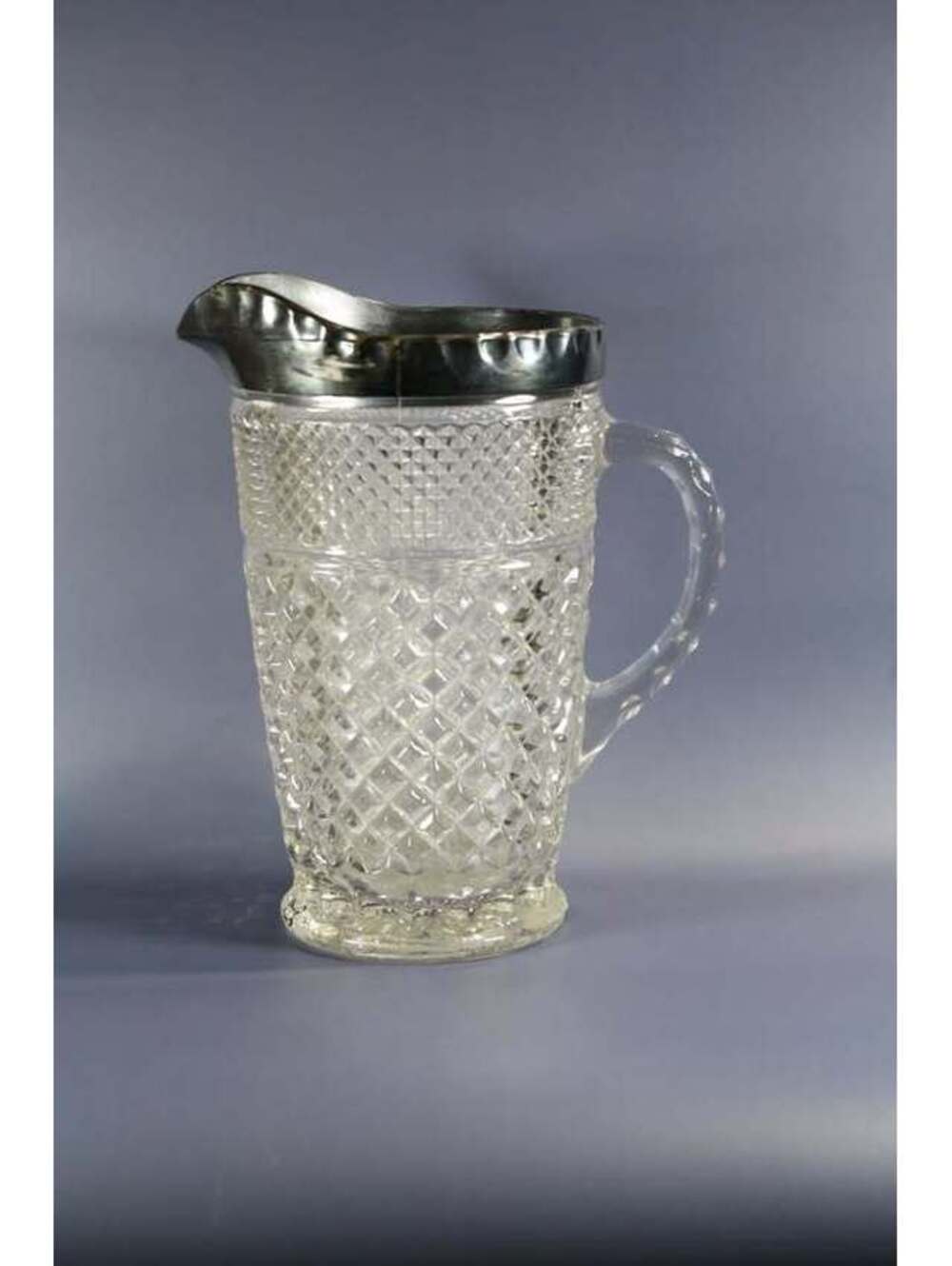 Vintage Cut Pressed Glass Pitcher Silver Plate Rim Diamond Pattern Claret Water